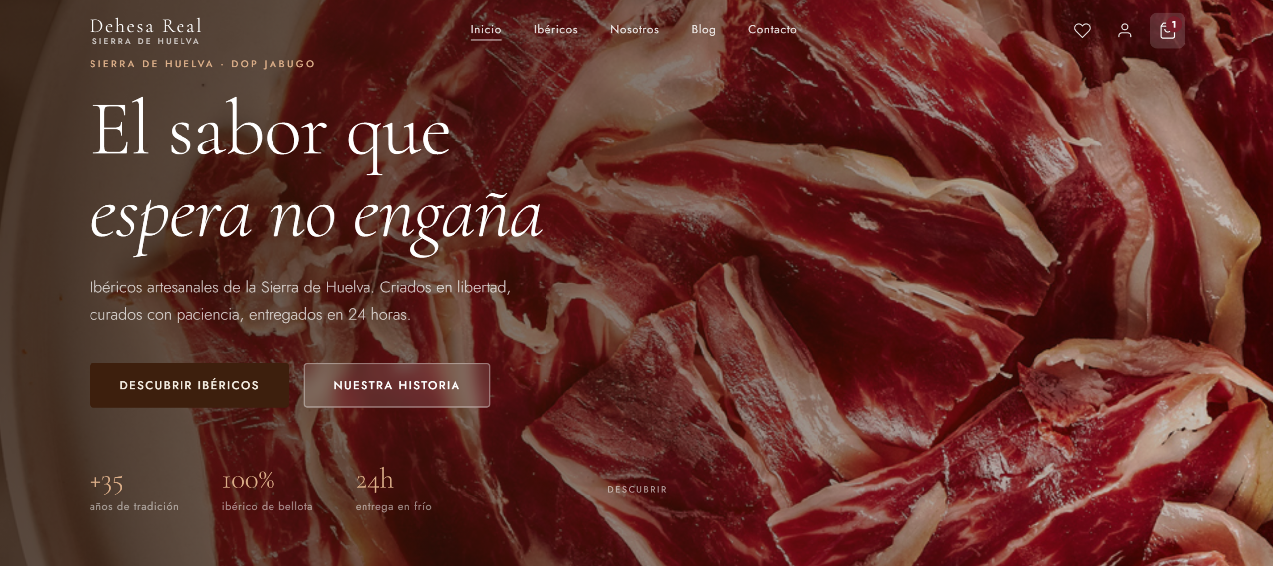 Captura de la página de inicio de Dehesa Real, ecommerce de productos ibéricos premium