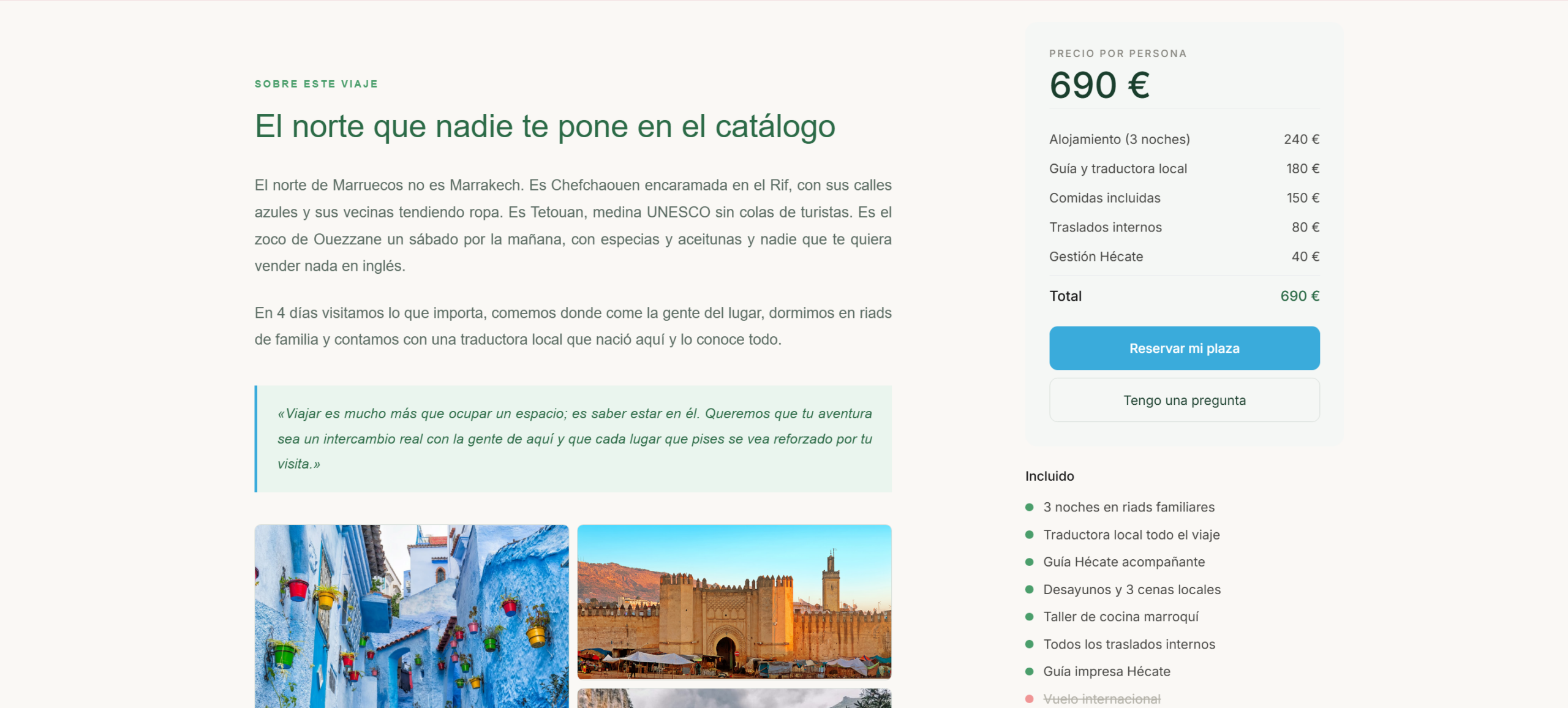 Ficha de tour Norte de Marruecos en Hécate Viajes con precio desglosado, itinerario detallado y botón de reserva