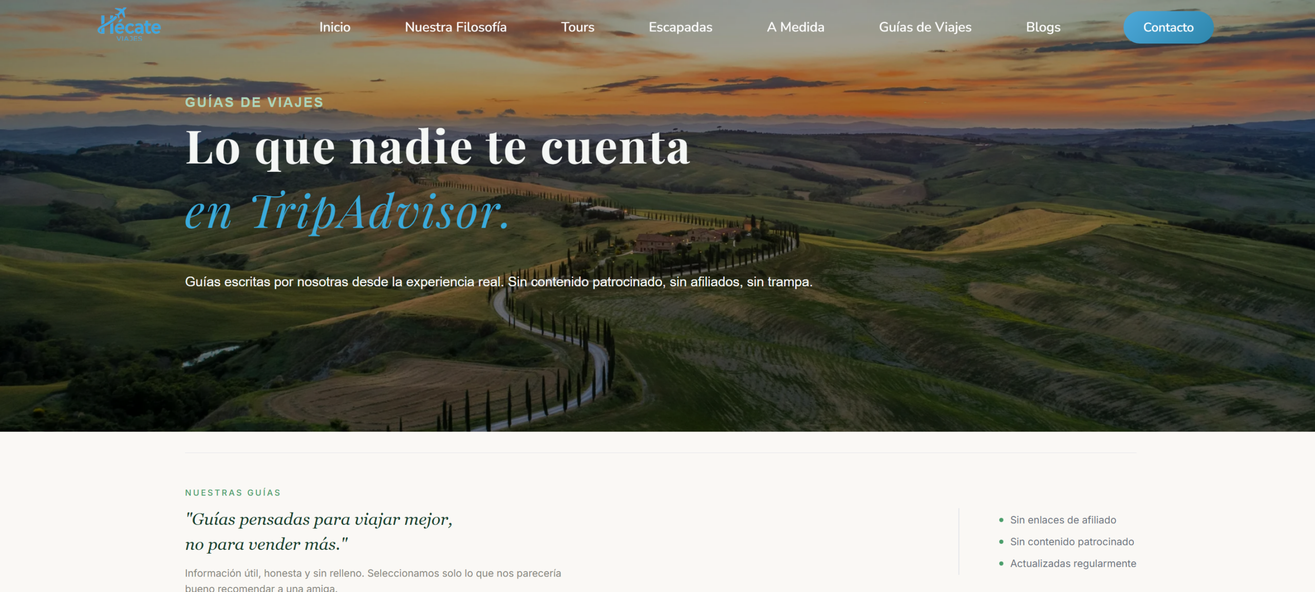 Página de inicio de Hécate Viajes, agencia de viajes de autor con filosofía anti-turismo de masas