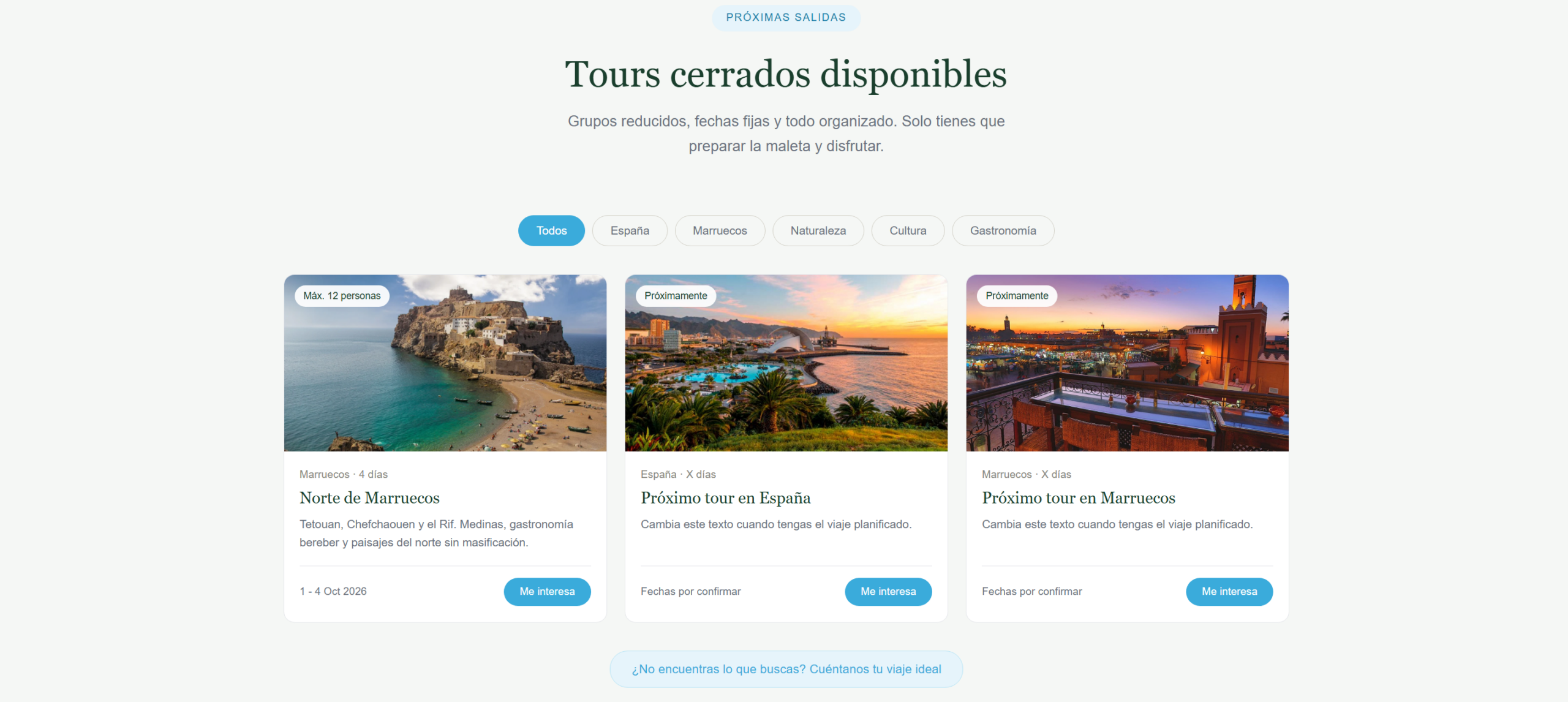 Sección de tours de Hécate Viajes con filtros por zona y categoría mostrando grupos reducidos y fechas fijas