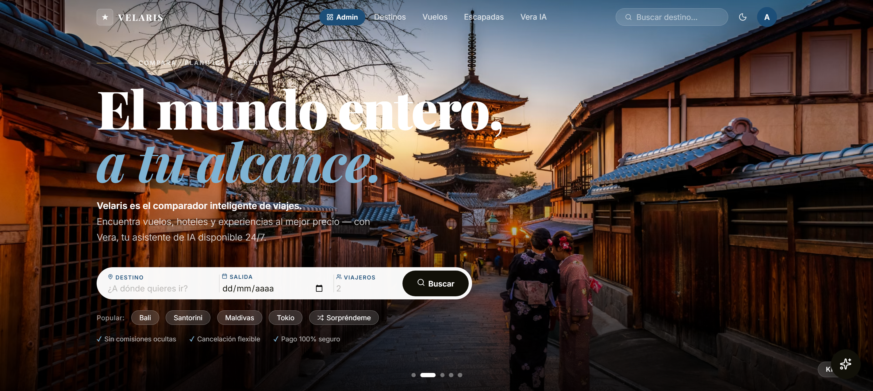 Página de inicio de Velaris, plataforma de viajes inteligente con asistente de IA Vera